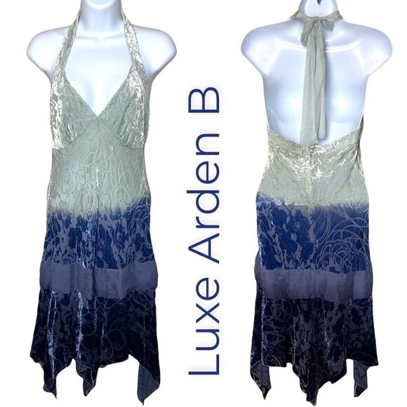 Arden B Luxe Medium Blue Ombre Burnout Velvet Silk Halter Dress - Picture 1 of 16